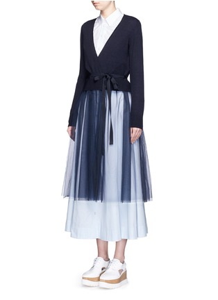 Front View - Click To Enlarge - MUVEIL - Wool-blend wrap cardigan tulle skirt dress