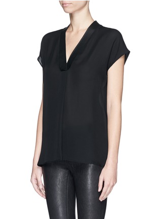 Front View - Click To Enlarge - VINCE - Cap sleeve leather trim silk top