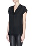 Front View - Click To Enlarge - VINCE - Cap sleeve leather trim silk top