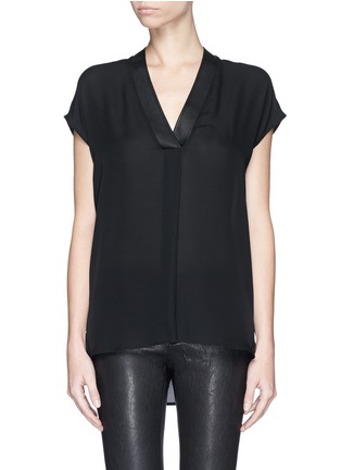Main View - Click To Enlarge - VINCE - Cap sleeve leather trim silk top