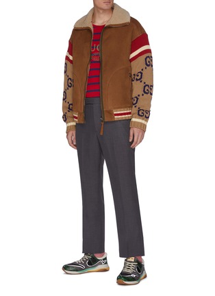 Figure View - Click To Enlarge - GUCCI - Logo Intarsia Knit Sleeve Shearling Bomber