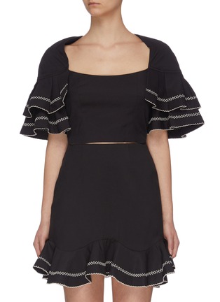Main View - Click To Enlarge - C/MEO COLLECTIVE - “Affinity’ square neck ruffle sleeve contrast topstitch crop top