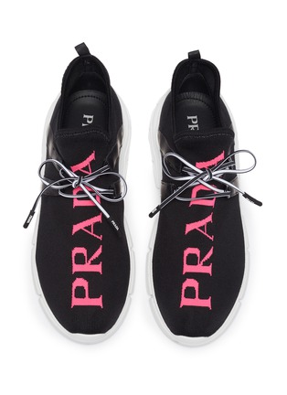Detail View - Click To Enlarge - PRADA - Logo embroidered knit flat sneakers