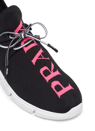 Detail View - Click To Enlarge - PRADA - Logo embroidered knit flat sneakers