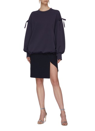 Figure View - Click To Enlarge - MING MA - Ribbon embellished drawstring hem sweatshirt