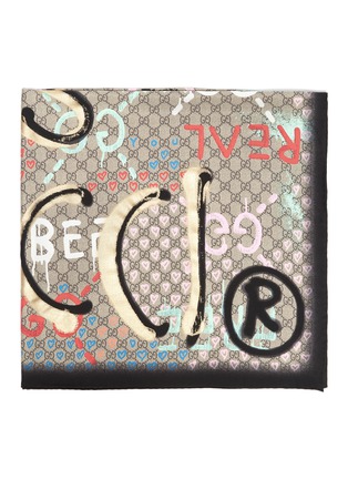 Detail View - Click To Enlarge - GUCCI - 'Life is Gucci' graffiti slogan silk scarf