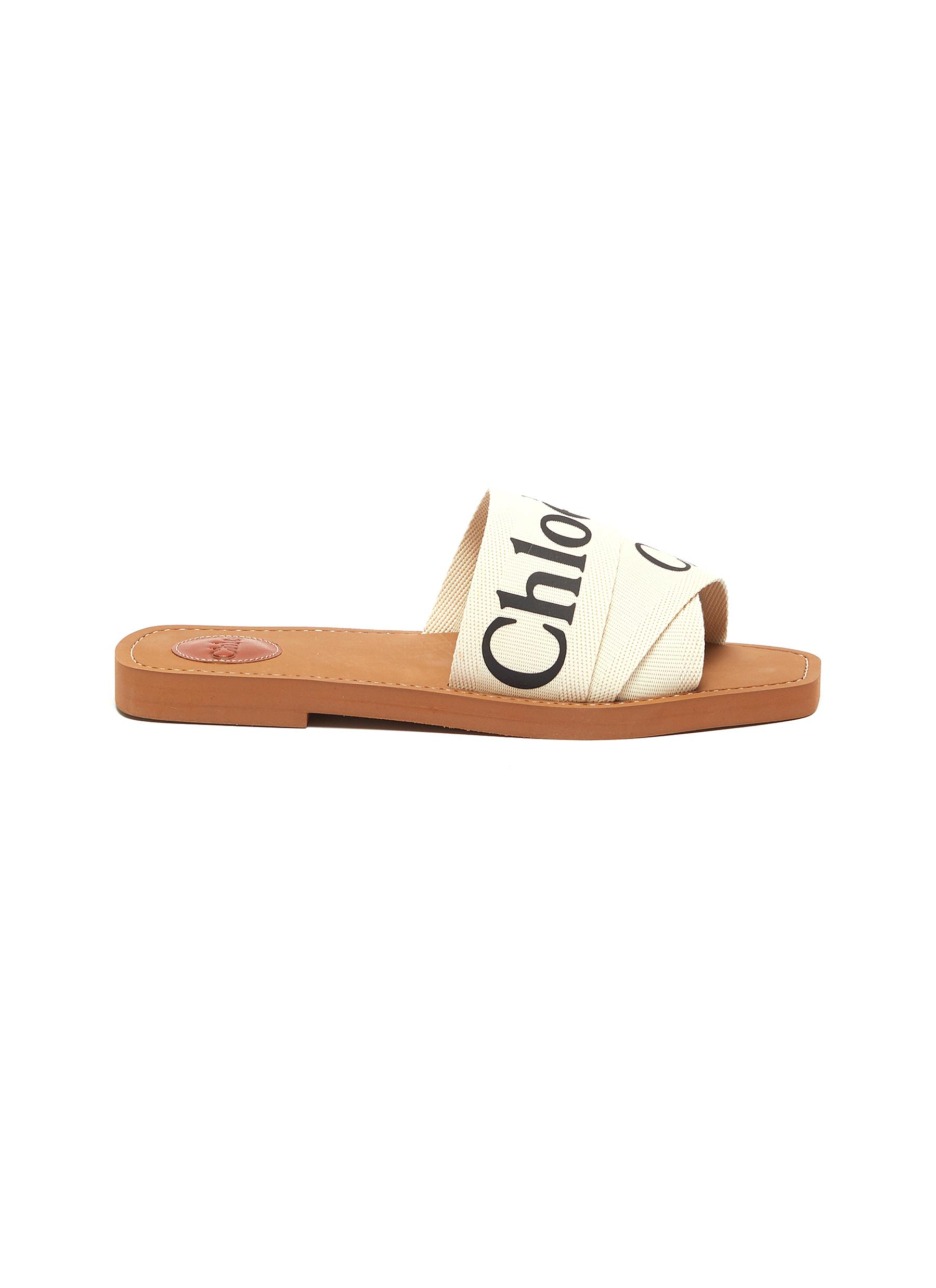 Chloé Flats Woody logo print strap canvas sandals