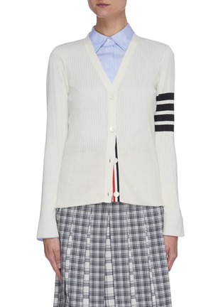 Main View - Click To Enlarge - THOM BROWNE  - Stripe sleeve V neck cotton silk blend cardigan