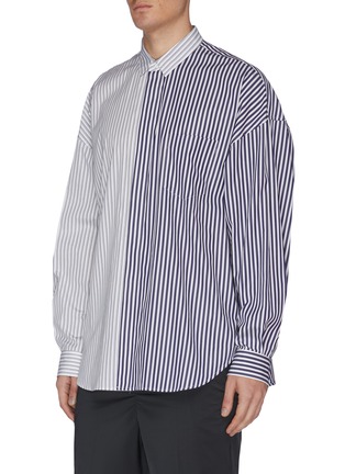 Front View - Click To Enlarge - JUUN.J - Colourblock stripe slogan embroidered button-up shirt