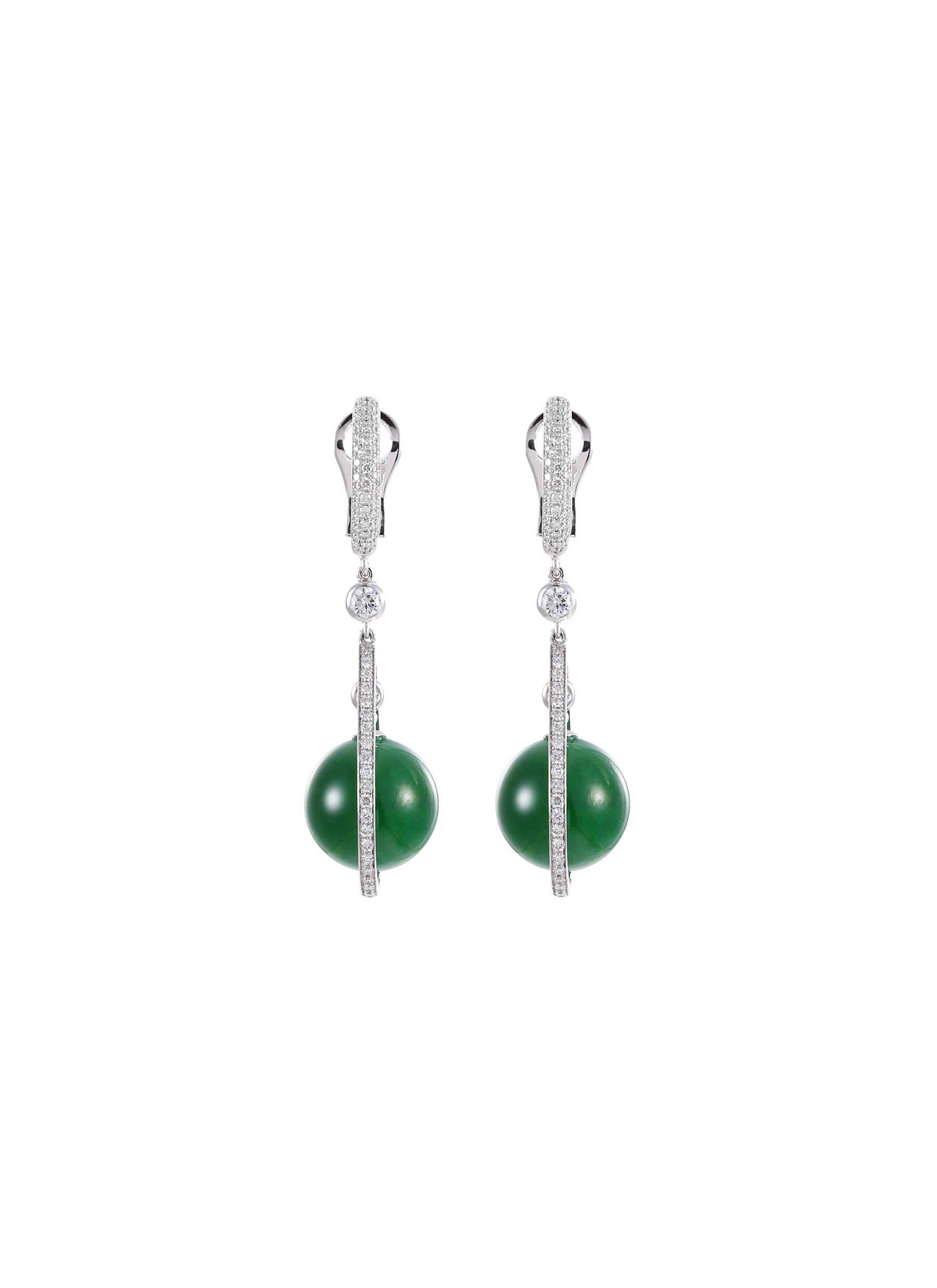 Diamond jade 18k white gold ball earrings