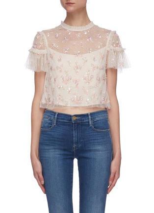 Main View - Click To Enlarge - NEEDLE & THREAD - Penelope sequin embellished short sleeve crop tulle top