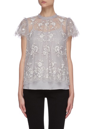 Main View - Click To Enlarge - NEEDLE & THREAD - 'Ashley' floral embroidered round neck tulle top