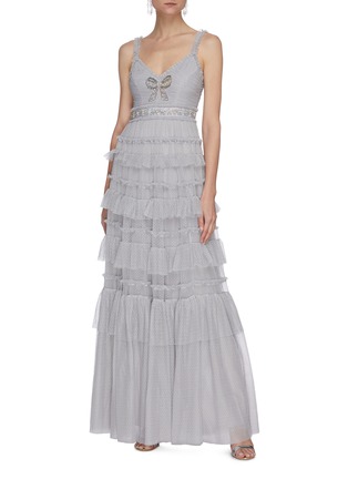 Figure View - Click To Enlarge - NEEDLE & THREAD - Belted sequin embellished ruffle sleeveless gown