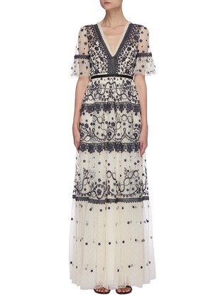 Main View - Click To Enlarge - NEEDLE & THREAD - Midsummer' lace trim floral embroidered short sleeve gown