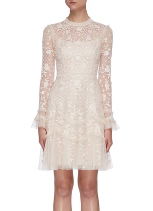 Main View - Click To Enlarge - NEEDLE & THREAD - Marigold Rose floral embroidered long sleeve tulle mini dress