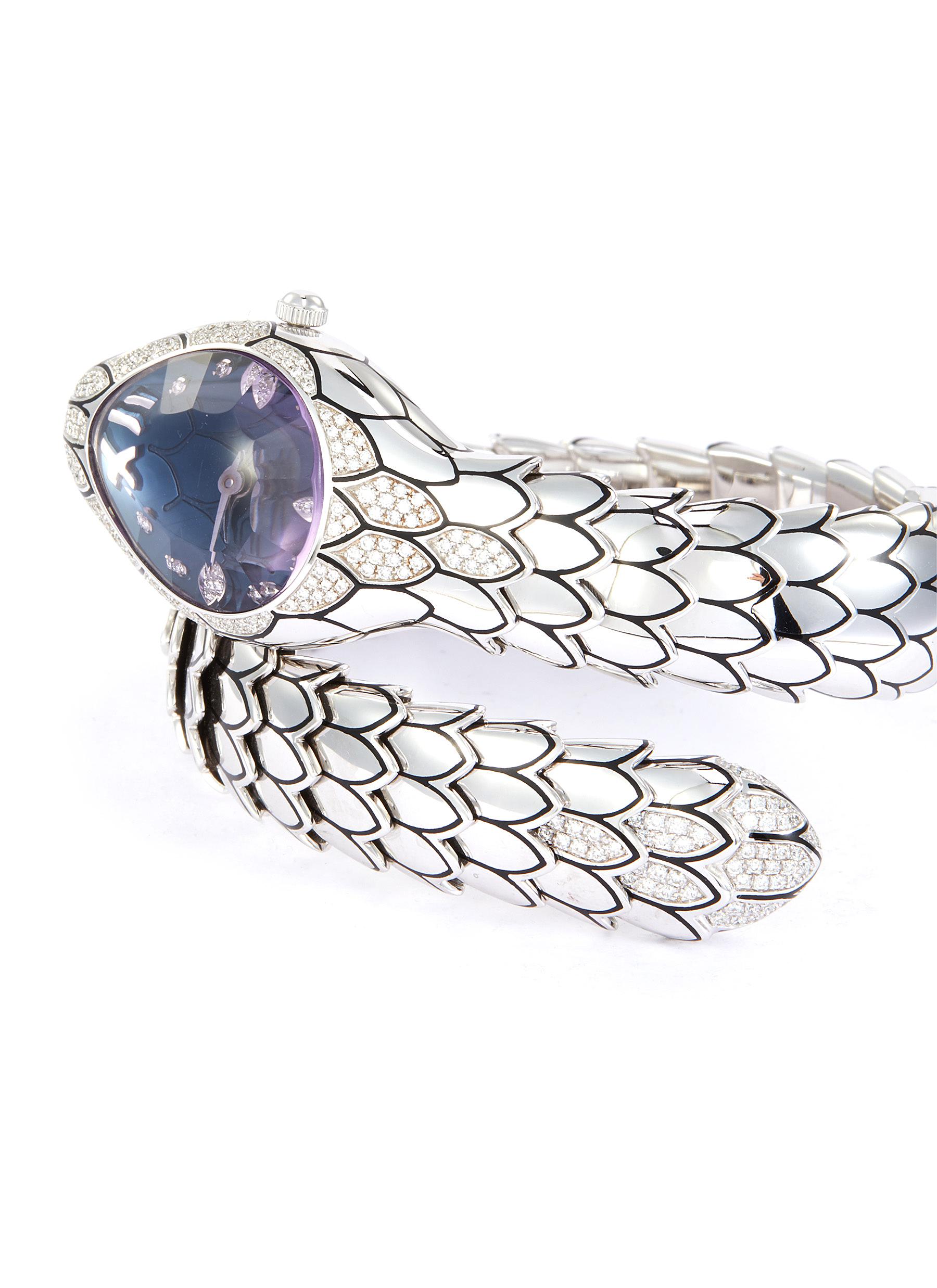 ROBERTO COIN 'COBRA' DIAMOND AMETHYST QUARTZ 18K WHITE GOLD WATCH