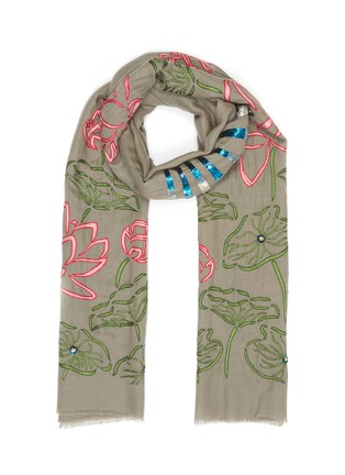Main View - Click To Enlarge - JANAVI - Lotus embroidered embellished cashmere scarf