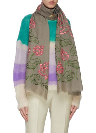 Figure View - Click To Enlarge - JANAVI - Lotus embroidered embellished cashmere scarf