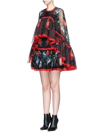 Front View - Click To Enlarge - ALEXANDER MCQUEEN - Floral print tiered chiffon cape dress