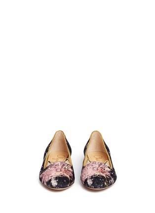 Front View - Click To Enlarge - CHARLOTTE OLYMPIA - 'Kitty' crystal embellished galaxy print velvet flats