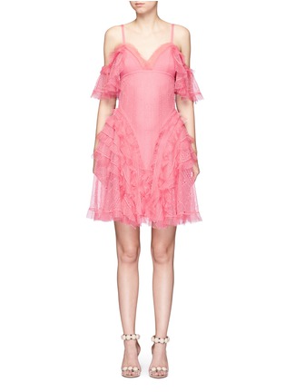 Main View - Click To Enlarge - ALEXANDER MCQUEEN - Ruffled silk open knit cold shoulder dress