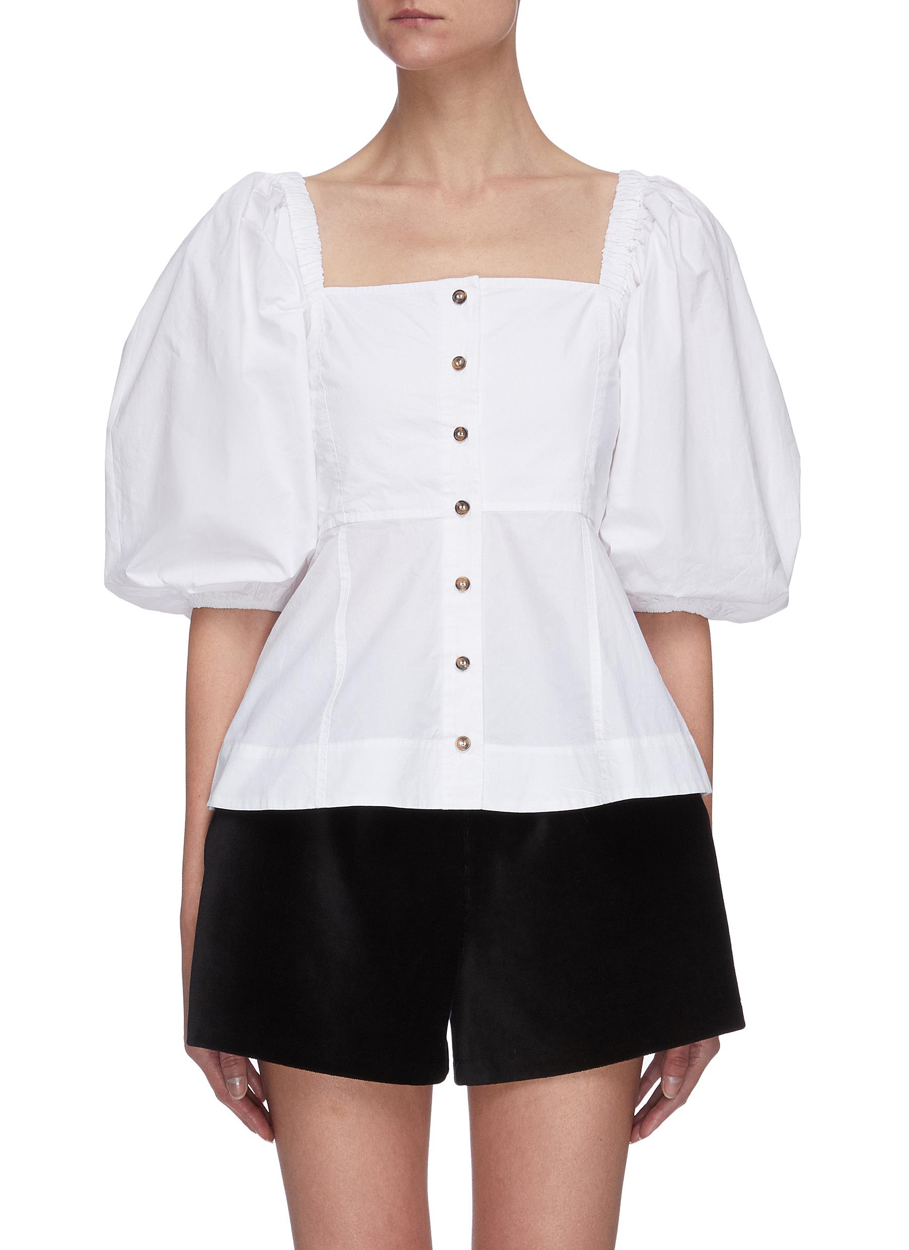 Puff sleeve cotton poplin blouse