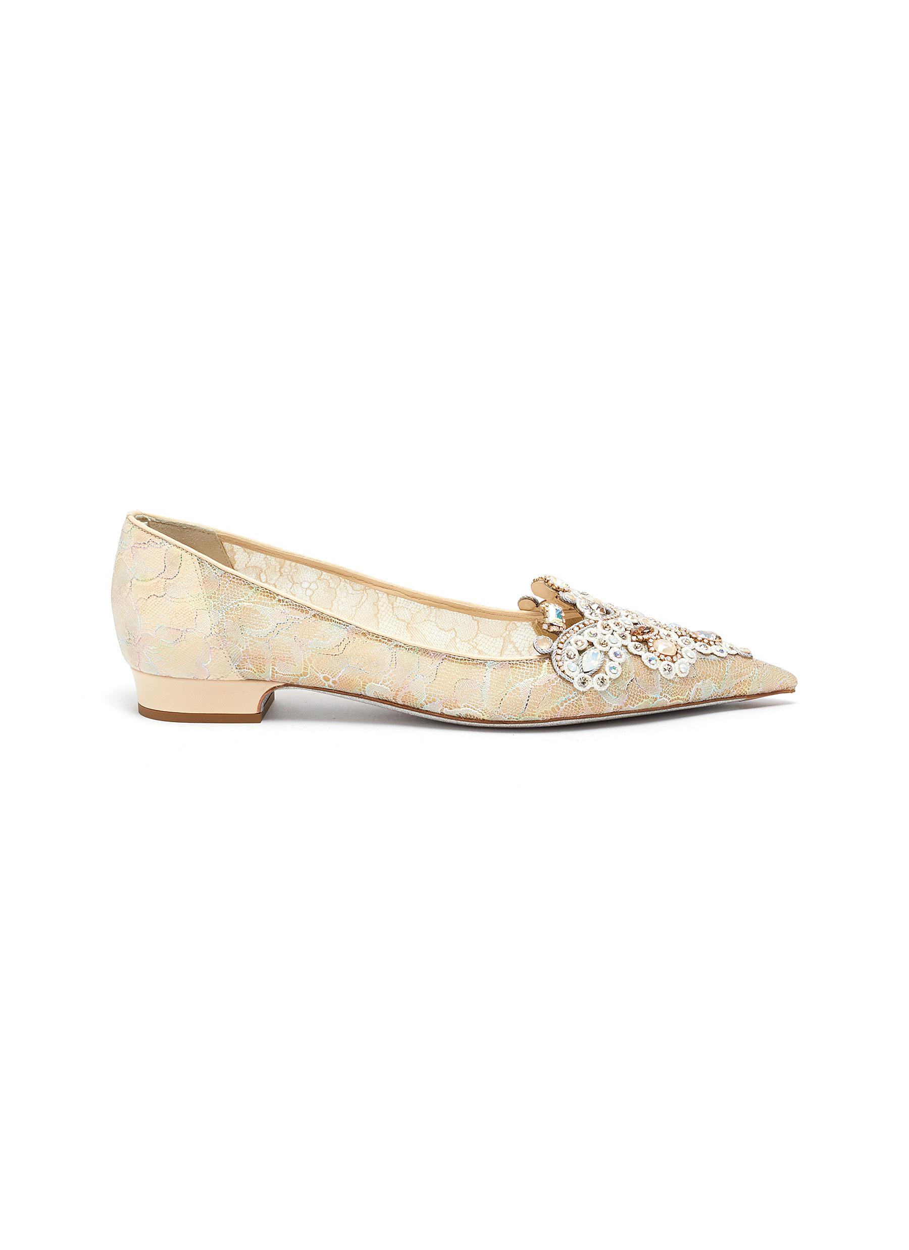 Buy Veneziana rose water opal and gold crystals embellished lace flats ...