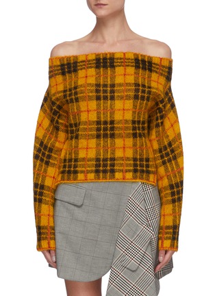 Main View - Click To Enlarge - MONSE - Off shoulder tartan sweater