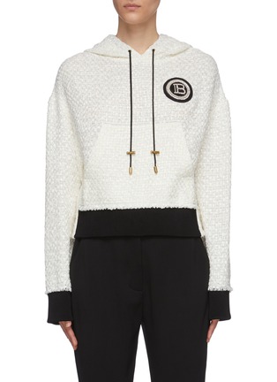 Main View - Click To Enlarge - BALMAIN - Logo patch cropped tweed hoodie