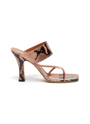Main View - Click To Enlarge - PARIS TEXAS - Snake embossed leather block heel criss cross thong sandals
