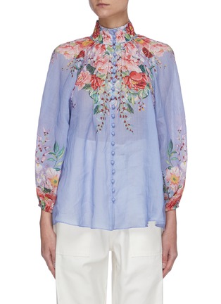 Main View - Click To Enlarge - ZIMMERMANN - 'Bellitude' contrast floral print stand collar blouson sleeve blouse