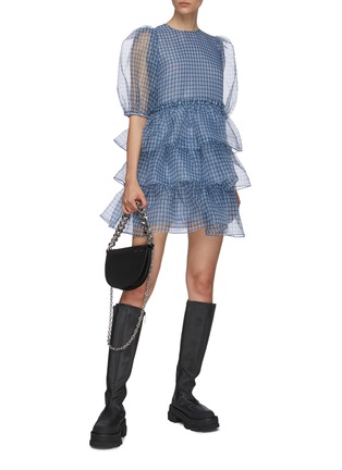 Figure View - Click To Enlarge - GANNI - Balloon sleeve gingham check ruffle organza dress