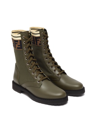Detail View - Click To Enlarge - FENDI - Rockoko' Logo Knit Insert Leather Combat Boots