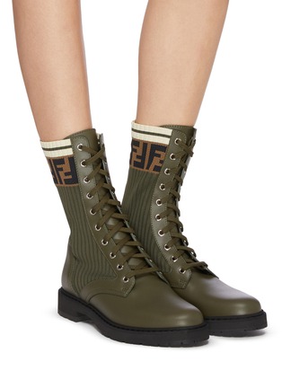 Figure View - Click To Enlarge - FENDI - Rockoko' Logo Knit Insert Leather Combat Boots