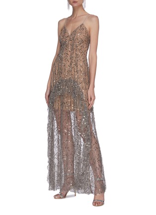 Figure View - Click To Enlarge - SELF-PORTRAIT - Leaf sequin embellished ruffle maxi dress