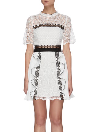 Main View - Click To Enlarge - SELF-PORTRAIT - Guipure lace ruffle pleat short sleeve dress