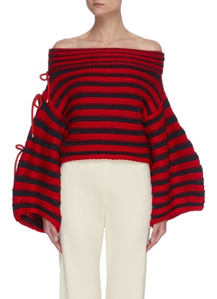 Main View - Click To Enlarge - HELLESSY - Renata' contrast stripe off shoulder balloon sleeve knit sweater