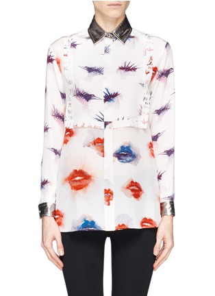 Main View - Click To Enlarge - MSGM - Metallic collar lipstick and eyelash print silk shirt