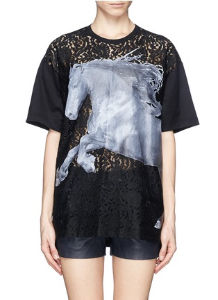 Main View - Click To Enlarge - NO.21 - Horse print floral lace panel T-shirt