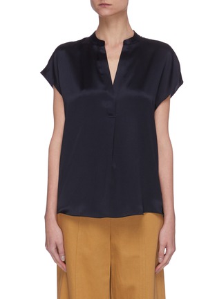 Main View - Click To Enlarge - VINCE - Cap sleeve shirred back V neck silk blouse