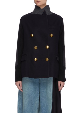 Main View - Click To Enlarge - SACAI - Knit sleeve double breasted melton wool jacket