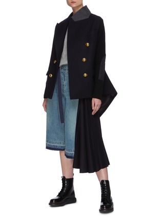 Figure View - Click To Enlarge - SACAI - Knit sleeve double breasted melton wool jacket