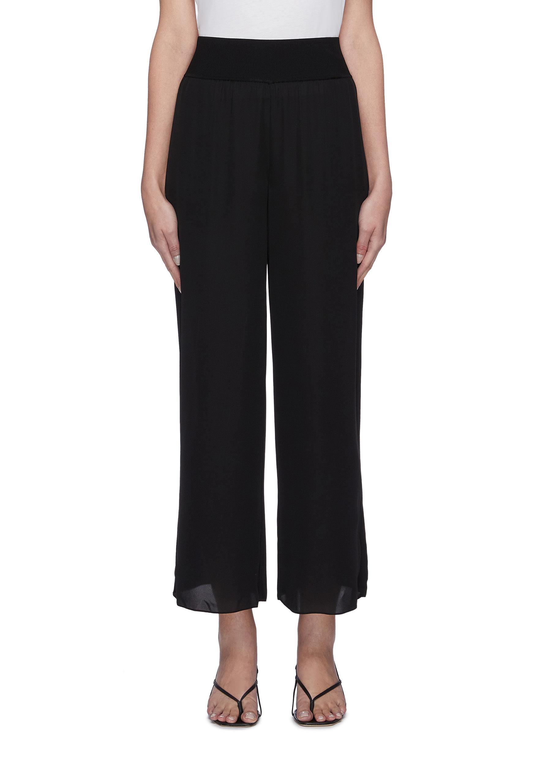 Theory Ribbed Waistband Wide Leg Silk Pants In Black | ModeSens