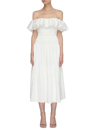 Main View - Click To Enlarge - SELF-PORTRAIT - Off shoulder ruffle cotton poplin midi dress