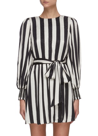 Main View - Click To Enlarge - ALICE & OLIVIA - 'ESTEFANA' Tie Waist Long Sleeve Stripe Mini Dress