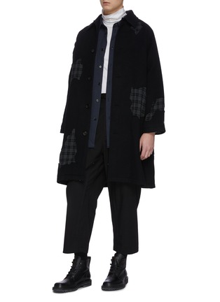 Figure View - Click To Enlarge - THE WORLD IS YOUR OYSTER - Check plaid patch detail wool blend coat