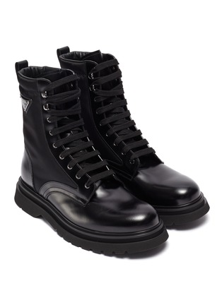 Detail View - Click To Enlarge - PRADA - Triangular logo leather military boots