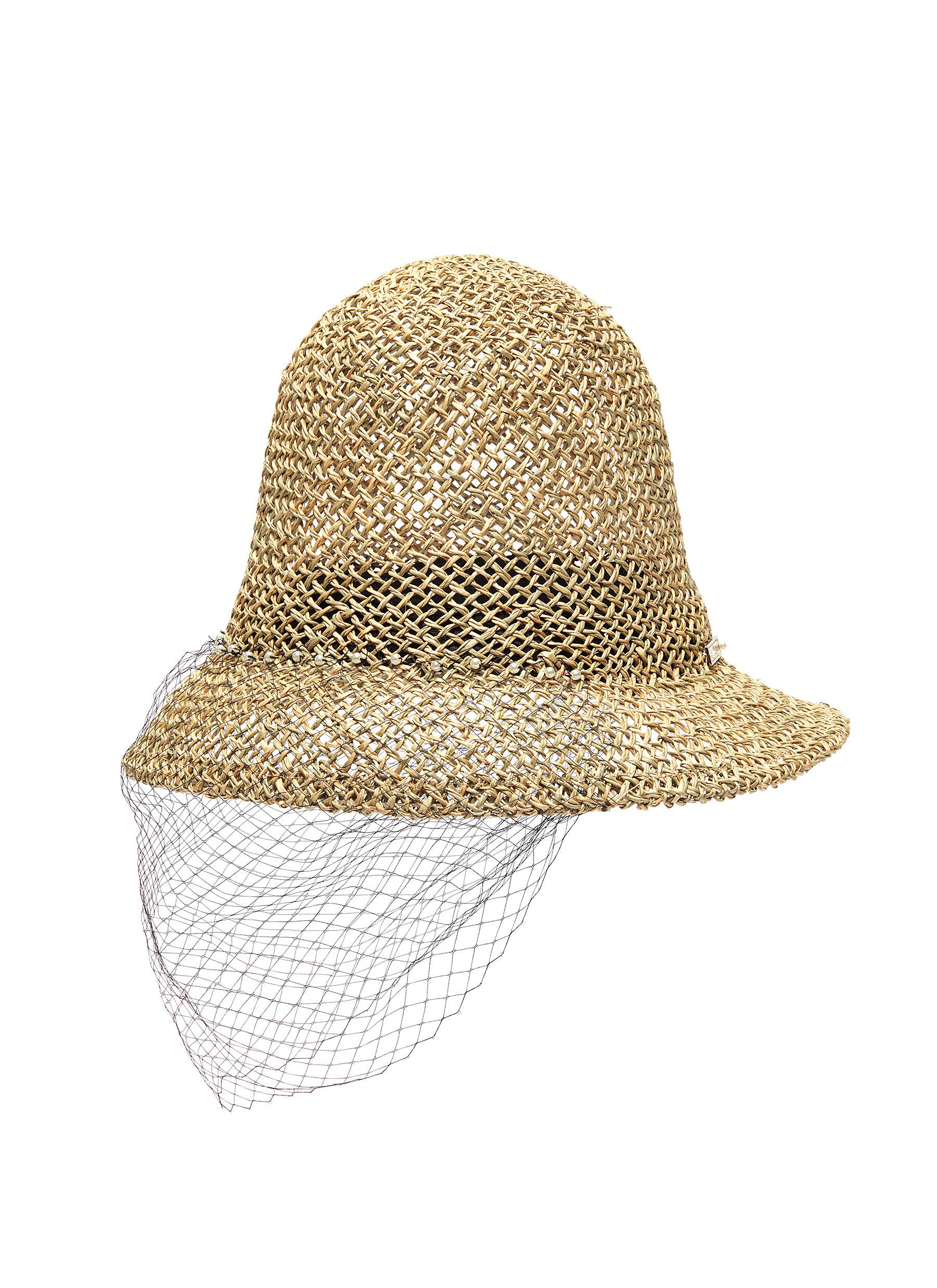 Laurence & Chico Veil Overlay Pearl Embellished Straw Bucket Hat In Brown