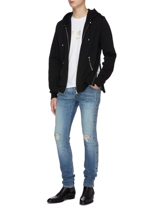 Figure View - Click To Enlarge - BALMAIN - Logo tape outseam distressed jeans