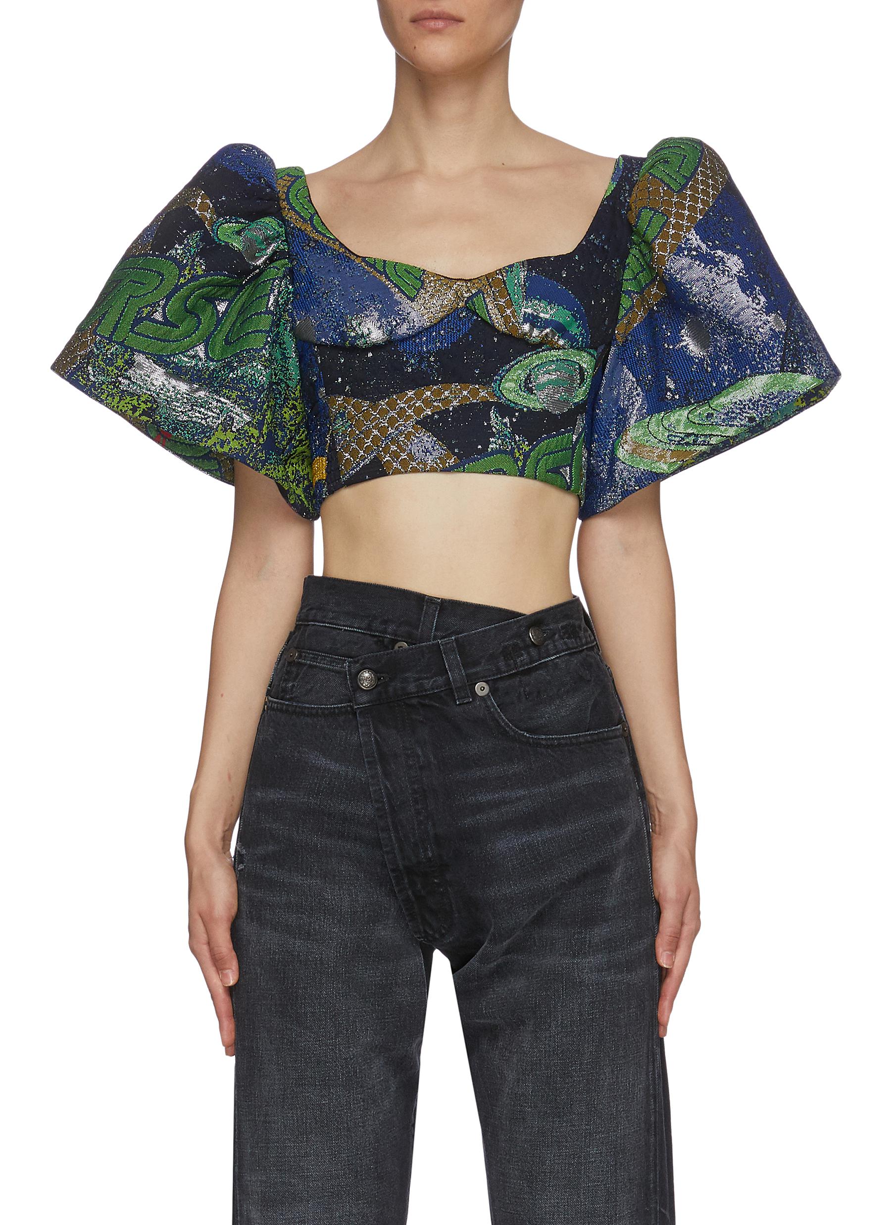 ANGEL CHEN 'UNIVERSE' MIXED EMBROIDERY PUFF SLEEVE CROP TOP